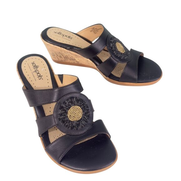 Softspots Women's Black Leather Sandals With Espadrille Cork Wedge Heel Sz 8.5 - Picture 1 of 9